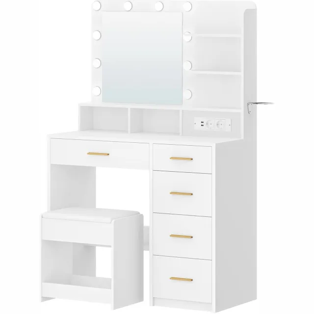 Atlasyx tafel - Make up - Kaptafel - Met spiegel en verlichting - Makeuptafel - Bureau - Inclusief krukje - 90 x 40 x 139 cm - Wit