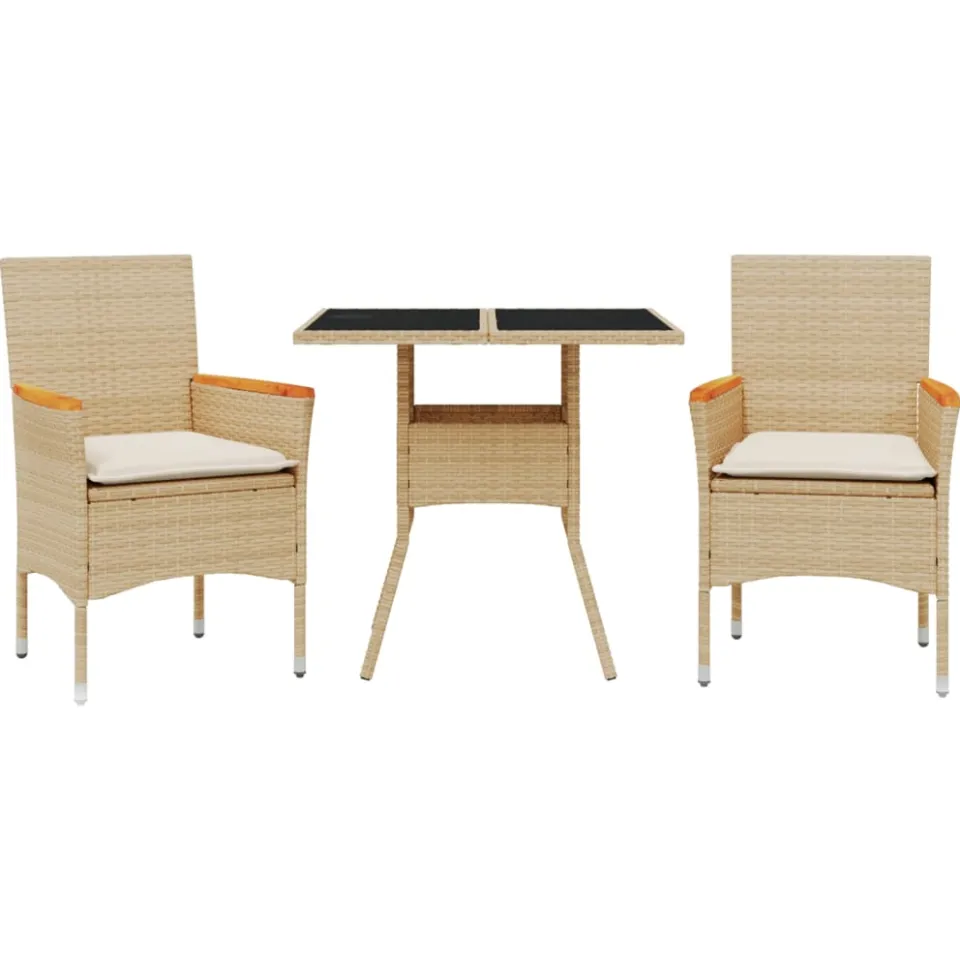 vidaXL 3-delige Tuinset met kussens poly rattan en glas beige, foto 3