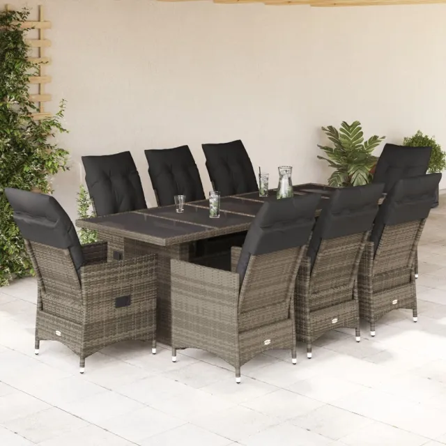 vidaXL 9-delige Bistroset met kussens poly rattan grijs, foto 2