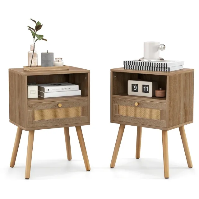 ArtiZo nachtkastje rotan set van 2 - boho stijl - met lade - open ruimte - massief houten pootjes - 40 x 30 x 60,5 cm hout kleur