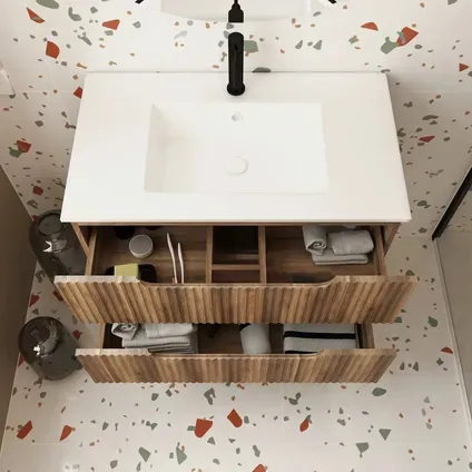 Aurlane Wastafelonderkast Emilien 50cm - Houtlook Mat - Met 2 Lades - Met Mat Witte Wastafel, foto 3
