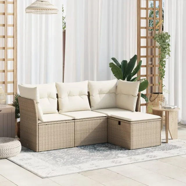 vidaXL 4-delige Loungeset met kussens poly rattan beige, foto 2