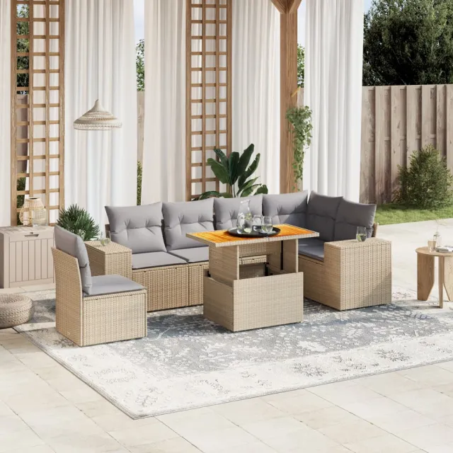 vidaXL 7-delige Loungeset met kussens poly rattan beige, foto 2