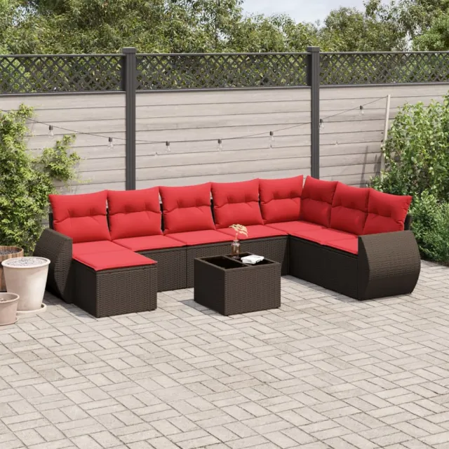 vidaXL 9-delige tuinbankset met kussens, bruin polyrotan