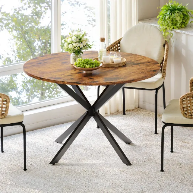 Clruro Eettafel Ø120 cm - Ronde Tafel met X-poten - Industrieel Design - Hout/Metaal - Vintagebruin/Zwart