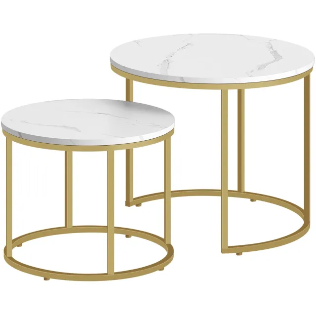 LEOBERT Ronde salontafels - Set van 2 - Marmerlook/goudkleurig - Diameter 53 en 43 cm