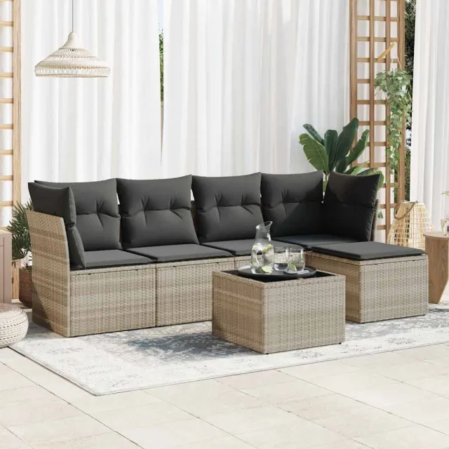 vidaXL 6-delige Loungeset met kussens poly rattan lichtgrijs grijs, foto 2