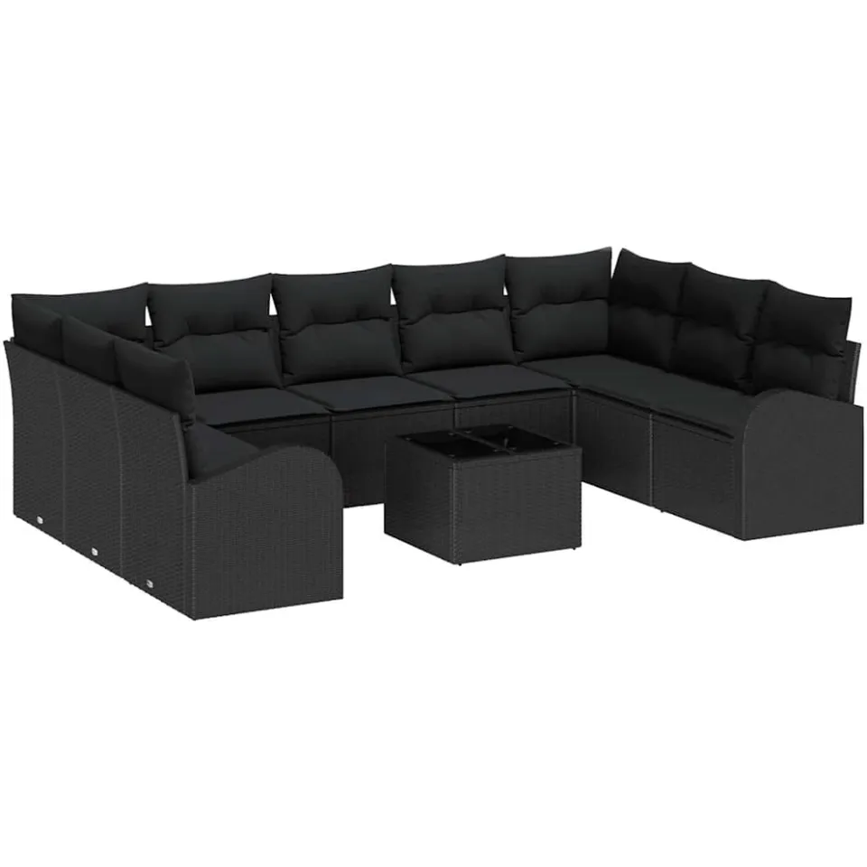 vidaXL Bankstel 10 st 9-zits Zwart poly rattan