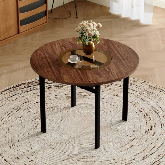 KOMHTOM Ronde Tafel - Modern Minimalistisch Ontwerp - 100 cm Diameter Bruin Houtpatroon - Verzonken Bruingrijs Glasblad met Metalen Frame - Geschikt voor 2-4 Personen Bruin+Zwart
