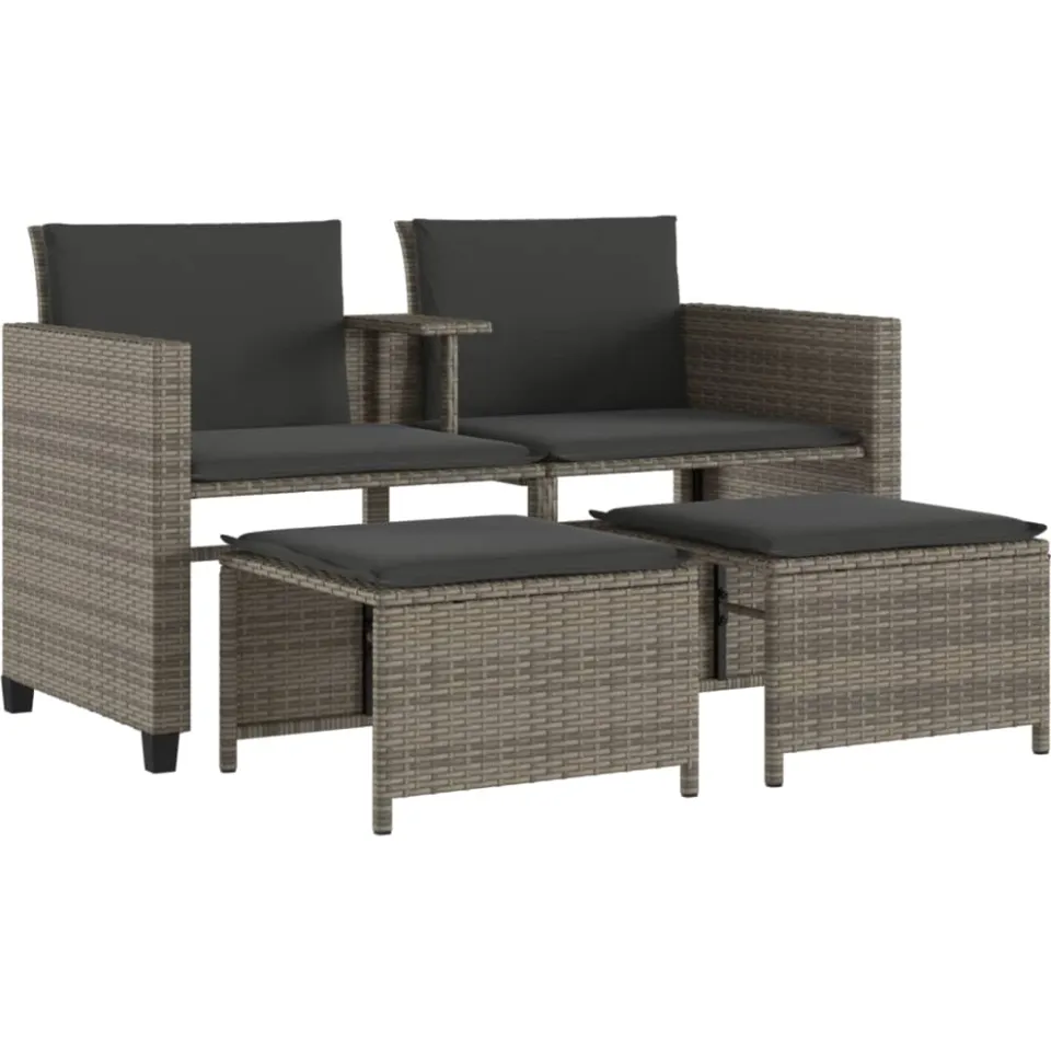 vidaXL Tuinbank 2-zits met tafel en voetenbanken poly rattan grijs