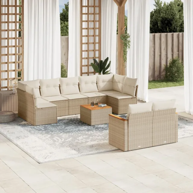vidaXL 10-delige Loungeset met kussens poly rattan beige, foto 2