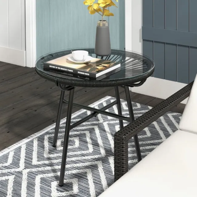 MIVRAY Tuintafel - Boho Bijzettafel Voor Tuin En Balkon Met Gehard Glazen Blad - Zwart PE-Rattan En Metaal - Rond 50x50x50 Cm