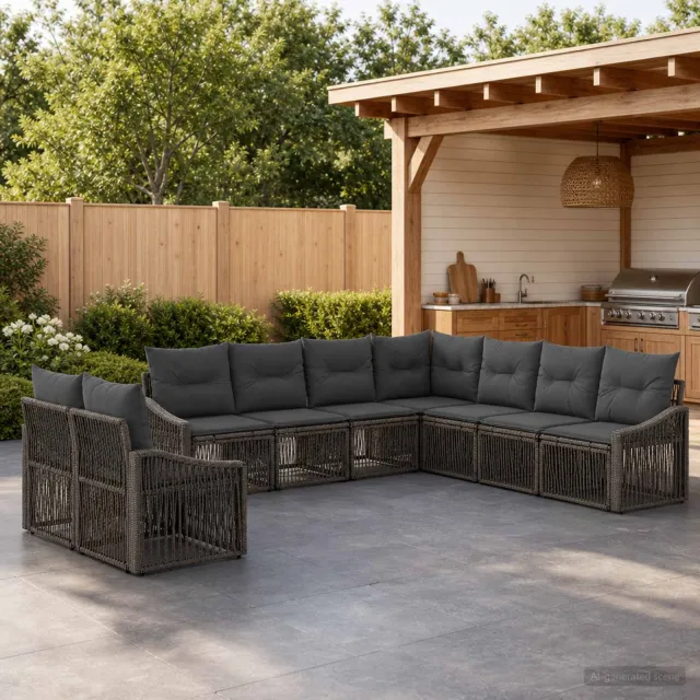 vidaXL Tuinbankenset 9 st 9-zits Grijs poly rattan, foto 2