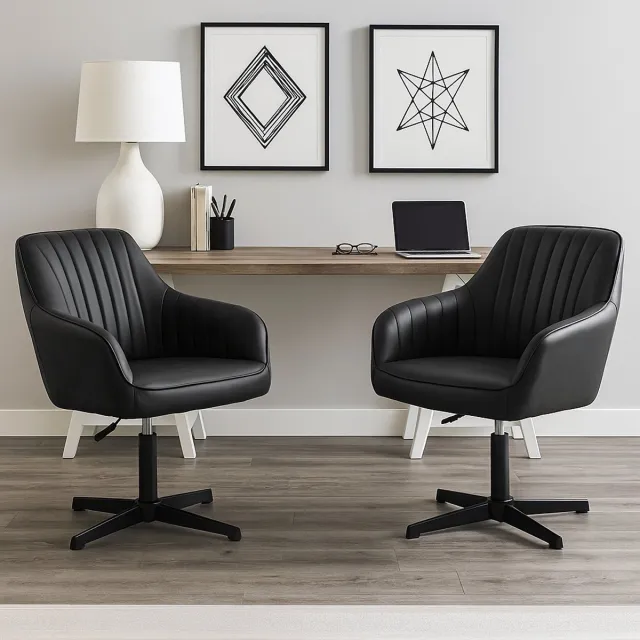 AIMASON Draaibare Fauteuil met Armleuningen - Set van 2 - In Hoogte Verstelbare Kuipstoelen van Kunstleer met Stabiele Metalen Kruisvoet Zonder Wielen - Comfortabele Bureaustoelen voor Kantoor, Receptie, Hal, Woonkamer en Slaapkamer - Zwart