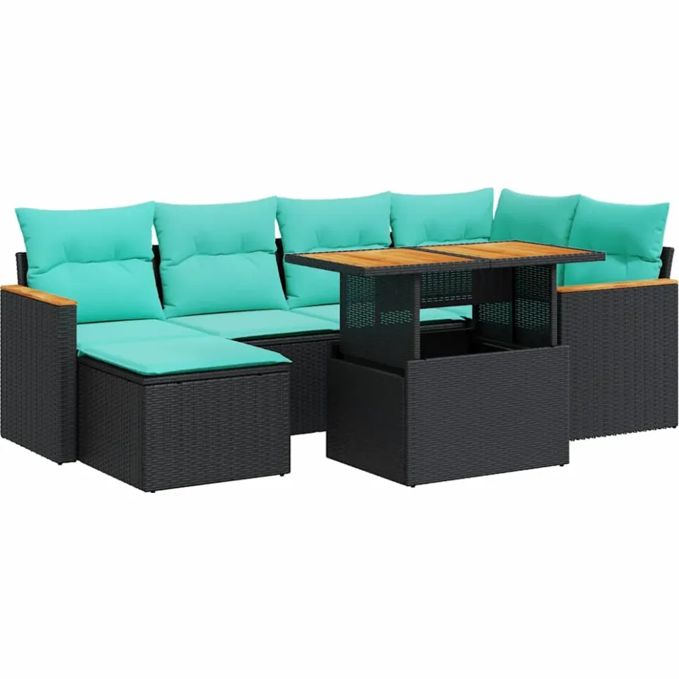 vidaXL 7-delige Loungeset met kussens poly rattan zwart, foto 3