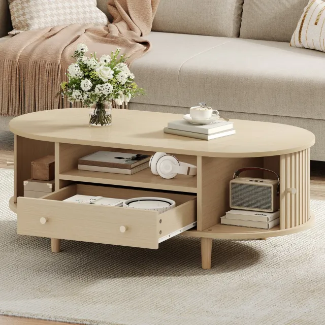 CHICFURN Salontafel - Opbergruimte - Ovaal - Eikenkleur