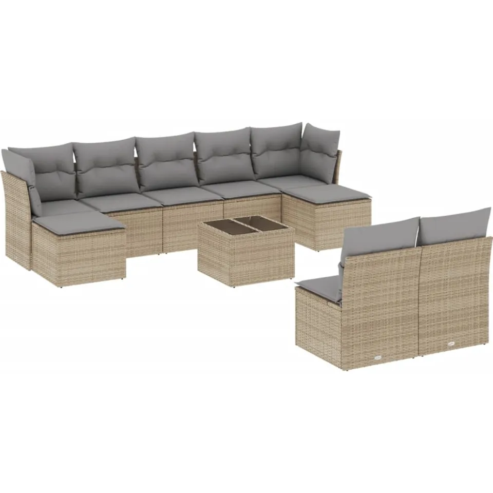vidaXL 10-delige Loungeset met kussens poly rattan beige