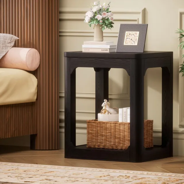 MIVRAY Bijzettafel - 2 Delige Set Met Dubbellaags Opbergvak - Modern Voor Woonkamer Slaapkamer En Kantoor - MDF - Zwart - 50x40x60 Cm Black