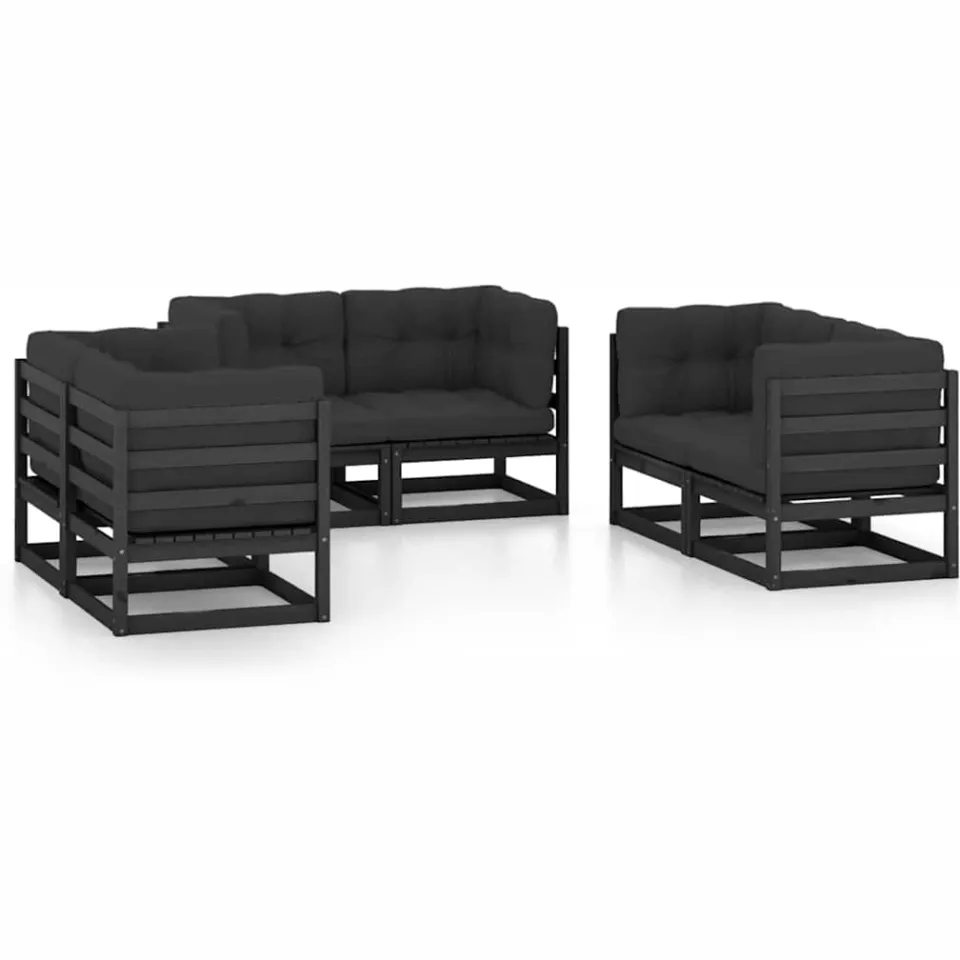 vidaXL 6-delige Loungeset met kussens massief grenenhout zwart, foto 3