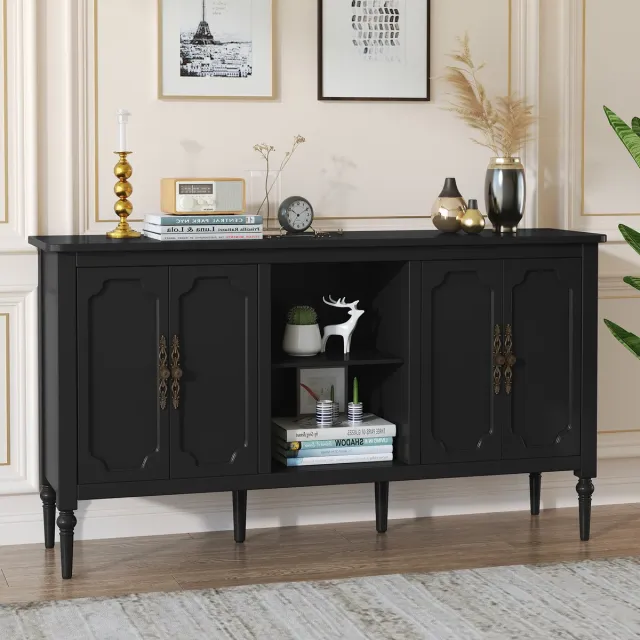 HOLTICO Standaard serie - Buffetkast & Sideboard - Met 4 deuren - Met open opbergruimte -zwart- Vintage hout