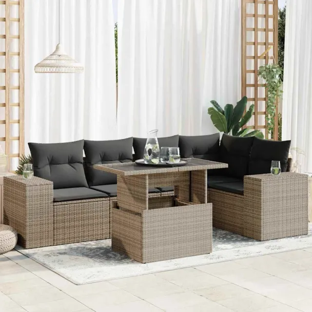 vidaXL 6-delige Loungeset met kussens poly rattan grijs, foto 2