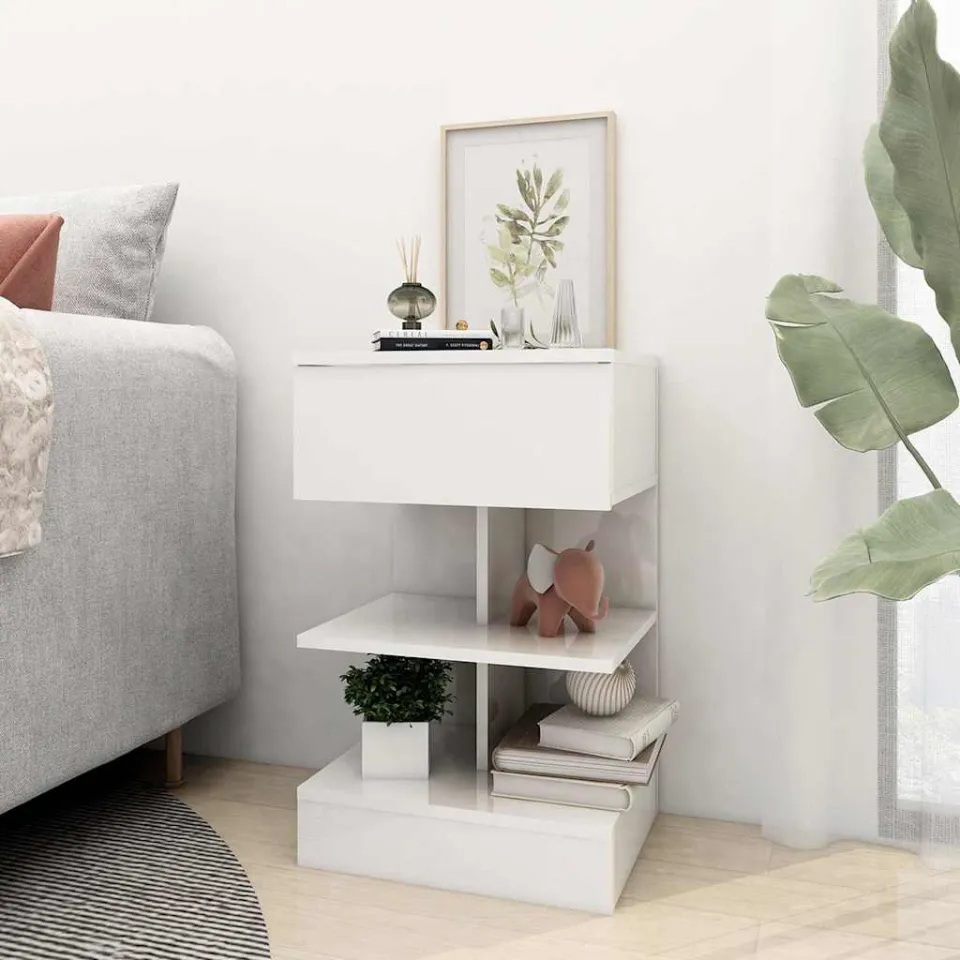 vidaXL Nachtkastjes 2 st 40x35x65 cm spaanplaat hoogglans wit, foto 4