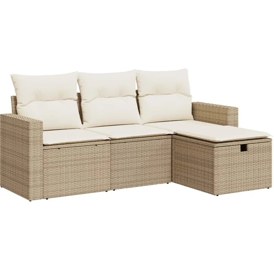 vidaXL 4-delige Loungeset met kussens poly rattan beige, foto 3