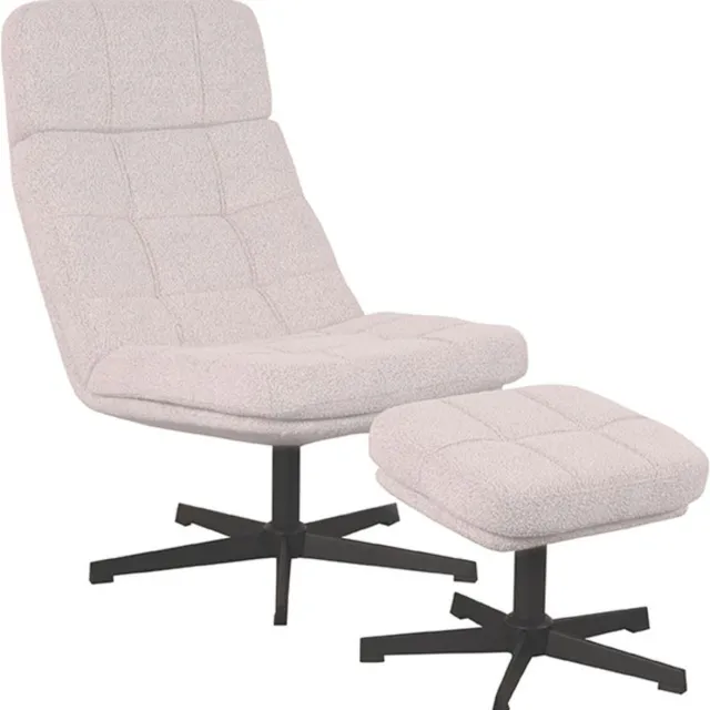 Home67 Fauteuil Aiden + Hocker - Bouclé - Naturel - Draaibare Relax Fauteuil van Bouclé Stof in Scandinavische / Hotel Chique Stijl Beige