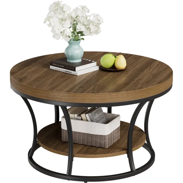 PEALOV Ronde salontafel met opbergvak-80 cm-Houtlook-Modern eenvoudig design-Bruin en zwart