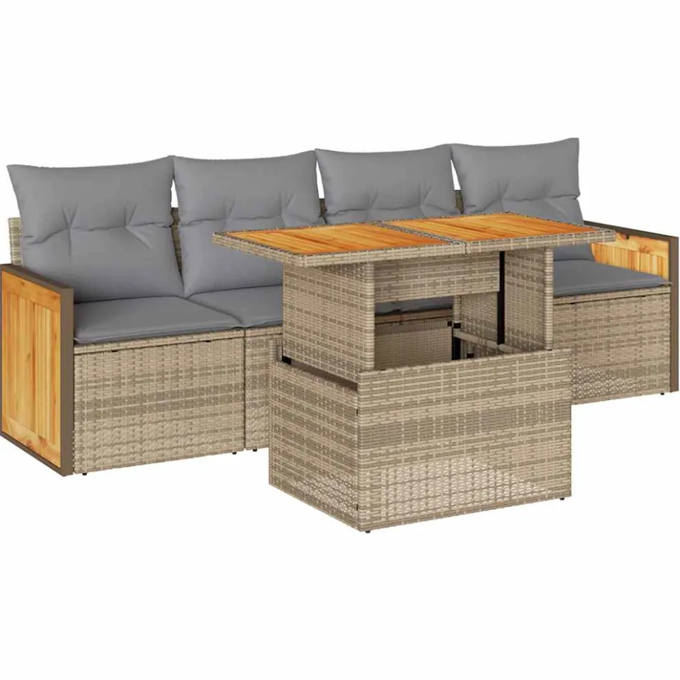 vidaXL 5-delige Loungeset met kussens poly rattan en acaciahout beige, foto 3