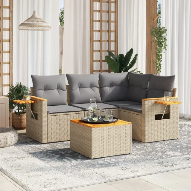 vidaXL 5-delige Loungeset met kussens poly rattan beige, foto 2
