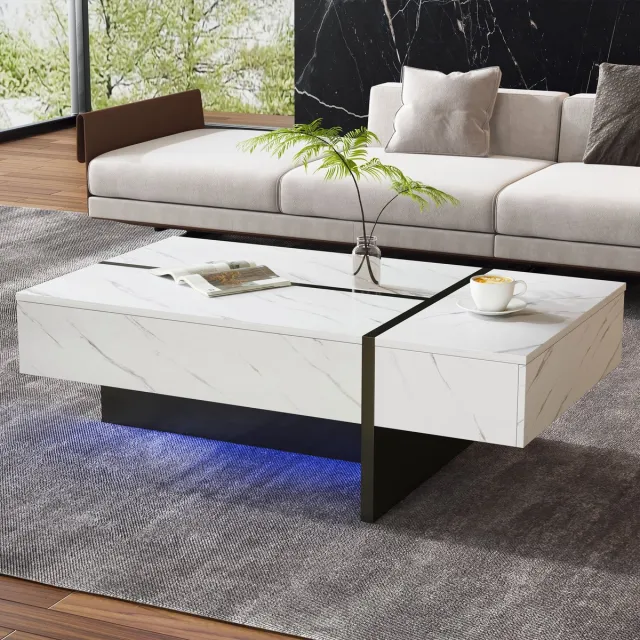 Merax Moderne Witte Salontafel met LED Verlichting - Marmor Design en Hoogglans Afwerking – 105x60x35 cm - Uniek Onregelmatig Ontwerp met 3 Opberg Lade voor Woonkamer