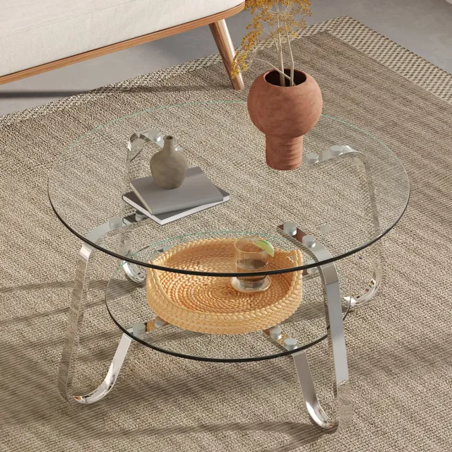 MEUNIQ Ronde salontafel Ø 80 cm met dubbel veiligheidsglas en zilverkleurig metalen frame – 45 cm hoog, glazen bijzettafel voor woonkamer