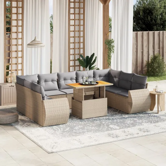 vidaXL 10-delige Loungeset met kussens poly rattan beige, foto 2
