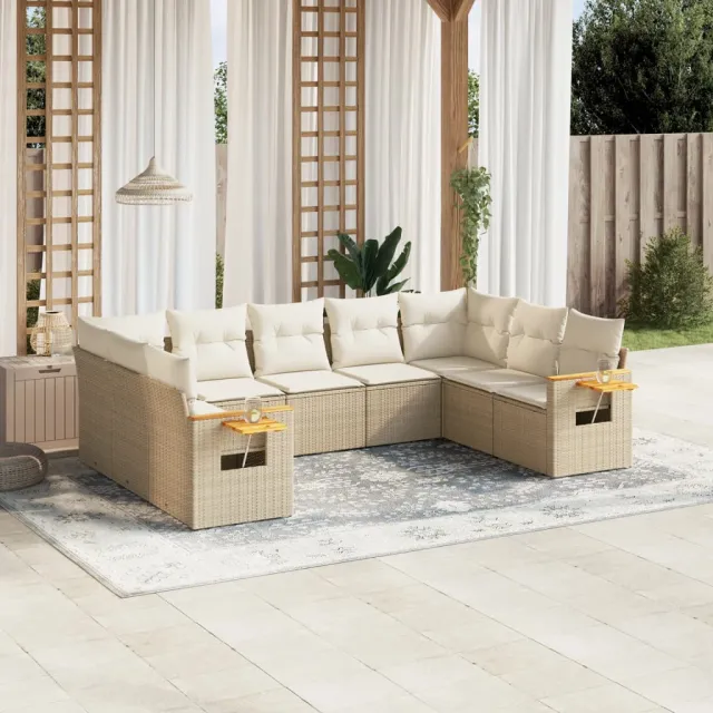 vidaXL 9-delige Loungeset met kussens poly rattan beige, foto 2