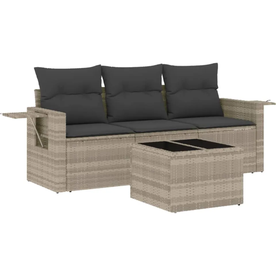 vidaXL 4-delige Loungeset met kussens poly rattan lichtgrijs grijs