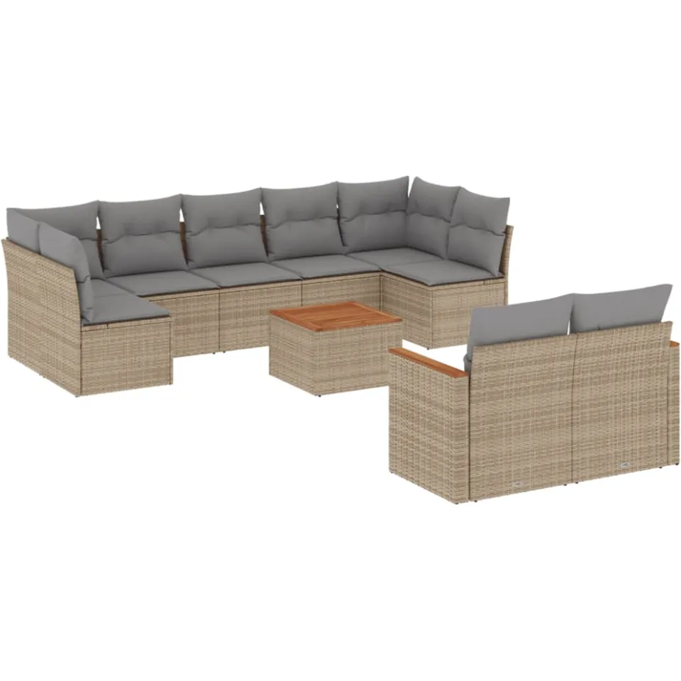 vidaXL 10-delige Loungeset met kussens poly rattan beige, foto 3