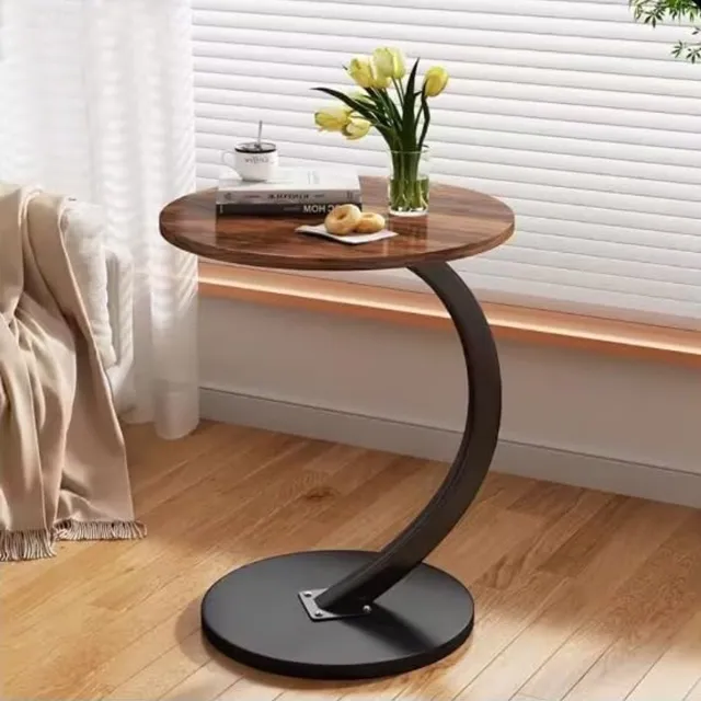 Famanu Houten bijzettafel met C-vormige steun, ronde salontafel voor woonkamer en kantoor, walnoot, tafelblad diameter 40 cm, hoogte 60 cm Naturel
