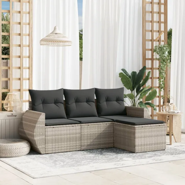 vidaXL 4-delige Loungeset met kussens poly rattan lichtgrijs grijs, foto 2
