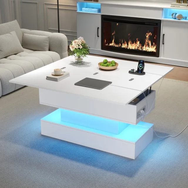 HAUSS SPOLE Salontafel - Hefbaar En Uitschuifbaar Met Stopcontact En Usb A En Usb C - Met Led En Opbergruimte - Spaanplaat - Wit - 100x50x51,5 Cm