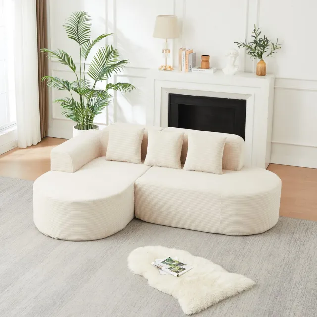 MIVRAY Hoekbank 220 Cm - Modulaire L Vorm Met 3 Kussens En Gebogen Armleuningen - Voor Woonkamer En Speelkamer - Stof Beige