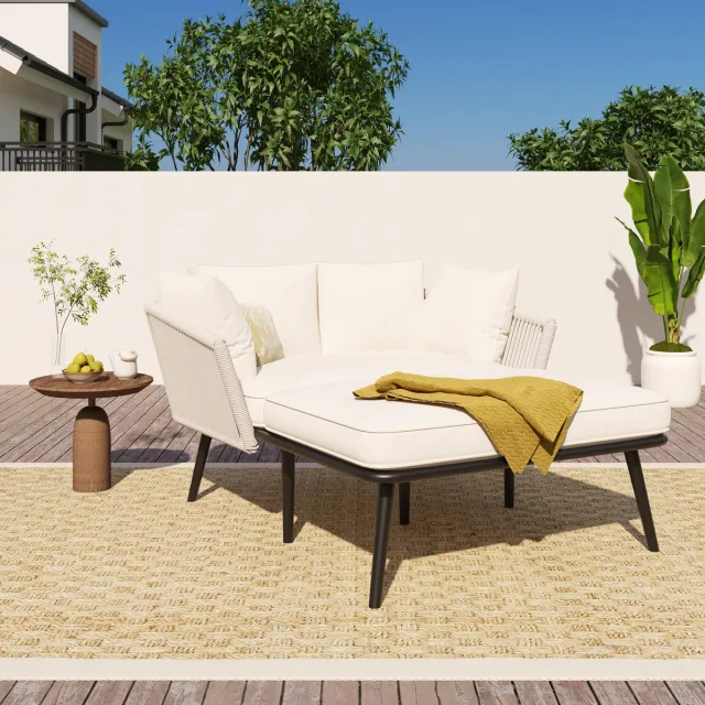 HAUSS SPOLE Zonnenligbed 2 Persoons - Met 2 Kussens En 2 Zitkussens - Handgeweven Touw - Voor Balkon En Terras - Staal Beige