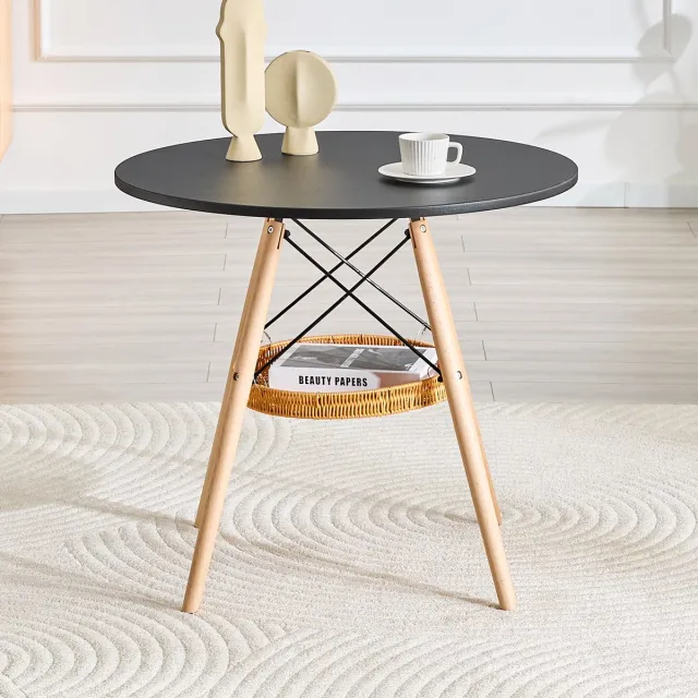 MODFU Ronde Eettafel - Met Opbergmand - Scandinavisch - Voor Kleine Ruimtes - MDF En Hout - Zwart En Houtkleur - Ø 80 Cm Zwart, Hout