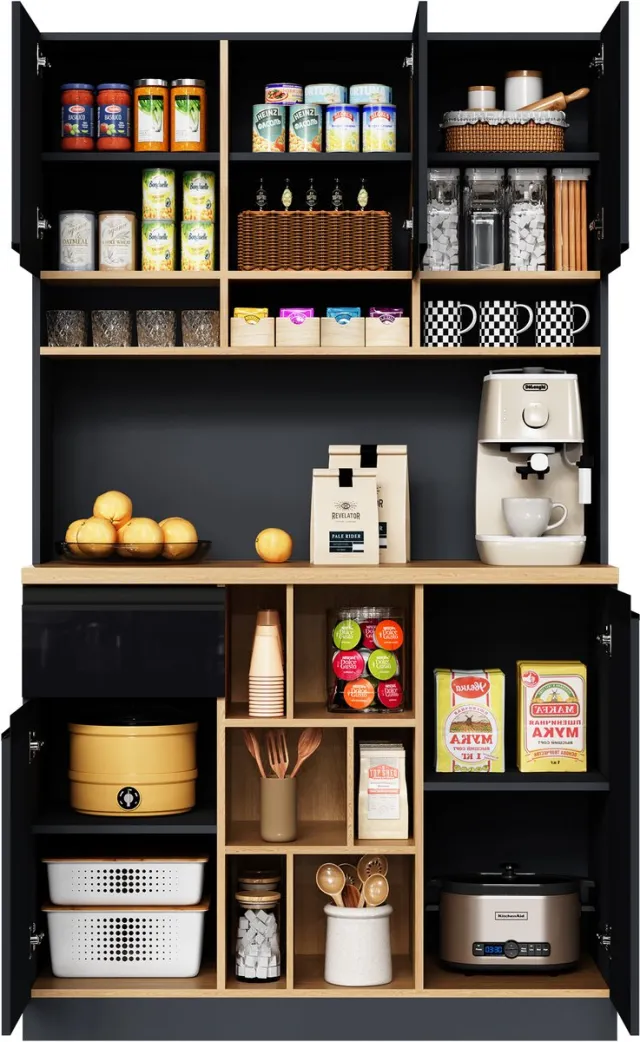REDOM Keukenkast - Met Laden En Open Opbergruimte - Modern - MDF - Zwart Met Houten Look - 105 x 45 x 185 cm Zwart+Natuurlijk