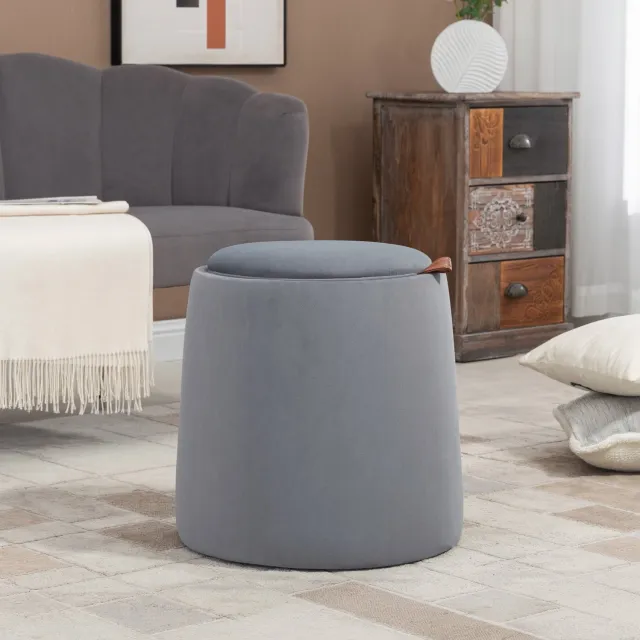 DESMIU Ronde Poef Ø 44 x 47,5 cm - Met Opbergruimte en Omkeerbaar Deksel - Als Zitplek en Bijzettafel - Polyester - Grijs