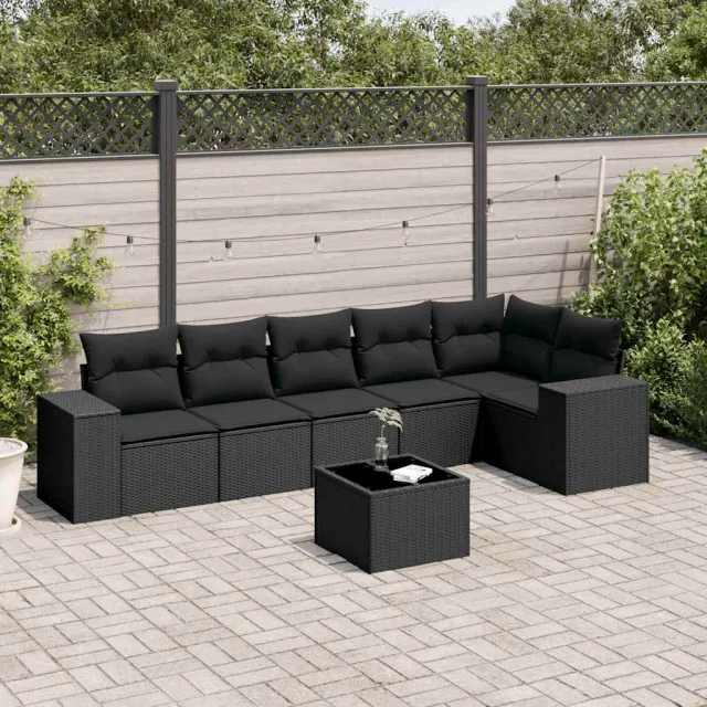 vidaXL 7-delige Loungeset met kussens poly rattan zwart, foto 2