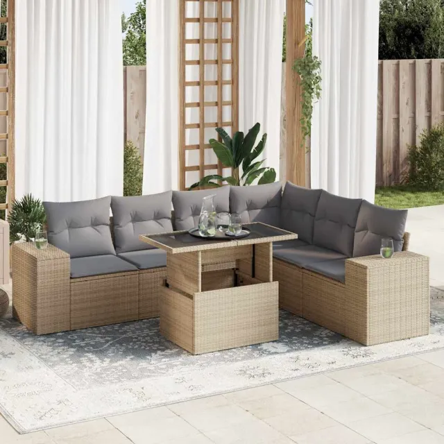 vidaXL 7-delige Loungeset met kussens poly rattan beige, foto 2