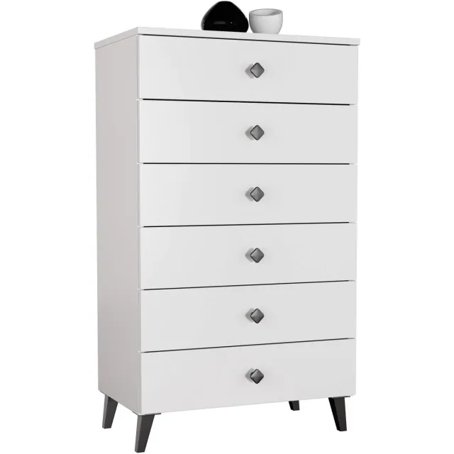 Akord Nachtkastje MOBI met 6 Lades / AKORD Furniture Factory / Wit met Zwarte Handgrepen / 60 x 104 x 37 cm