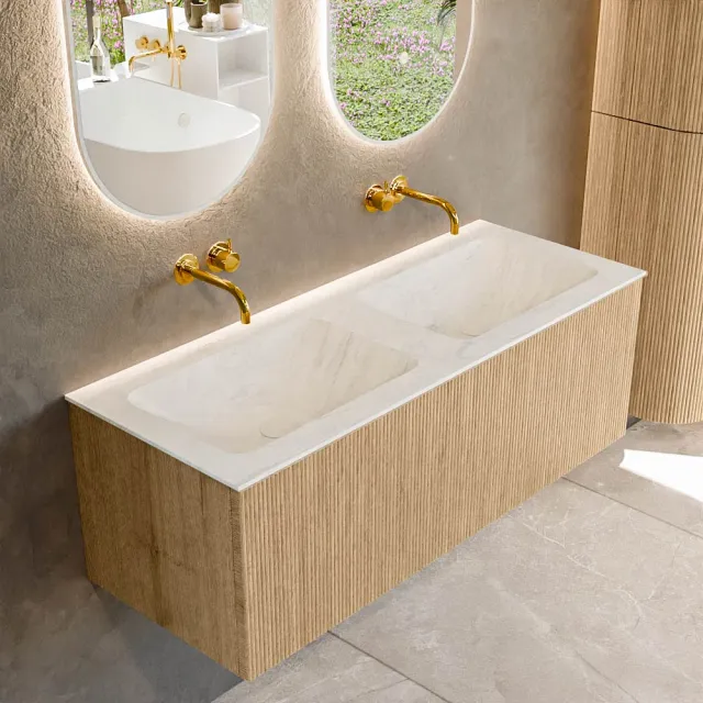 Mondiaz KURVE-DLUX 120 cm Onderkast Greeploos 1 Lade Zonder Deuren Oak, Wastafel Solid Surface Dubbel Opalo 0 Kraangaten Zonder Spiegel (KRVLEA1201L0D0KD-Oak/Opa)