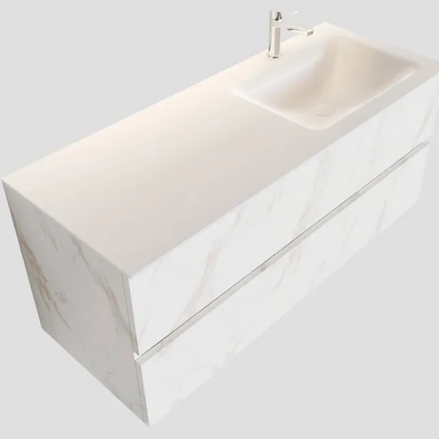 Boss & Wessing Badkamermeubel BWS Valencia Carrara Mat 120 cm Solid Surface Wastafel Rechts (1 kraangat, 2 lades)